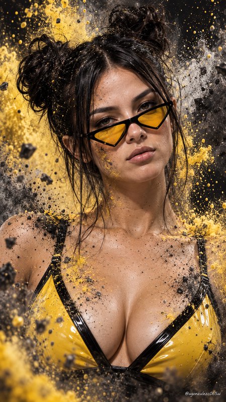 Studio portrait of a woman with messy double buns, yellow cat-eye sunglasses, surrounded by explo...