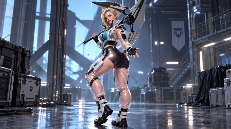Blonde futuristic sci-fi female warrior holds a mechanical battle axe, posing in a metallic indus...