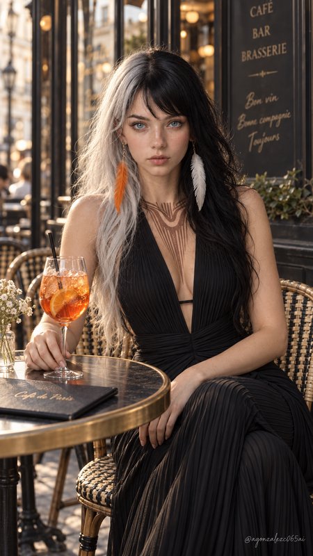 Striking young woman with split black and silver hair sits at a sunlit Parisian sidewalk cafe wit...