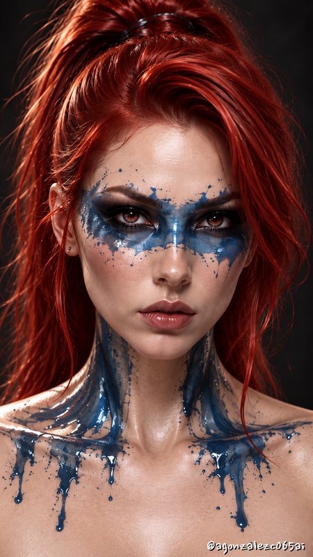 Close-up portrait of a red-haired woman with dripping blue face and body art, dramatic smoky eye ...