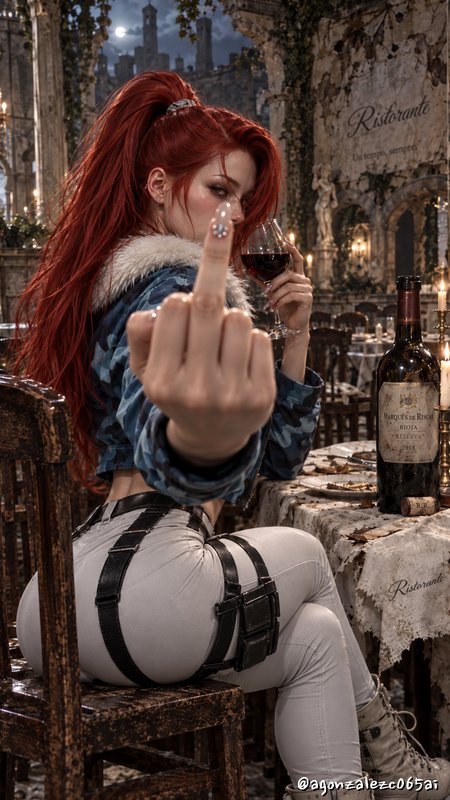 Red-haired woman holding a glass of red wine extends her middle finger to the viewer, seated in a...