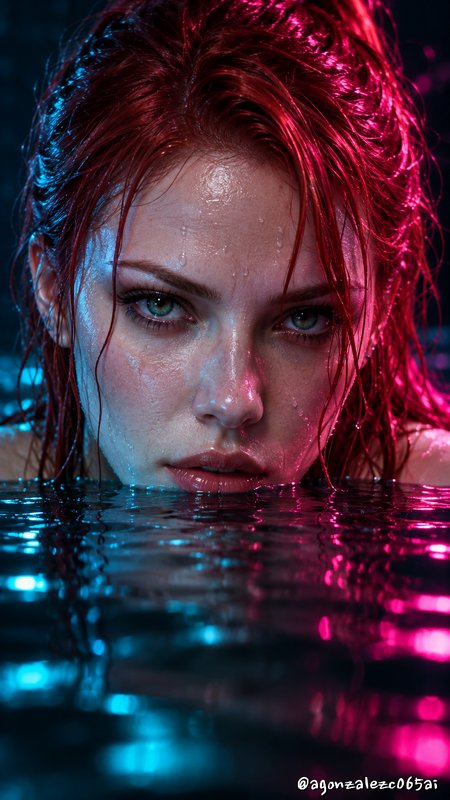 Close-up portrait of a red-haired woman with wet glistening skin, partially submerged in water un...