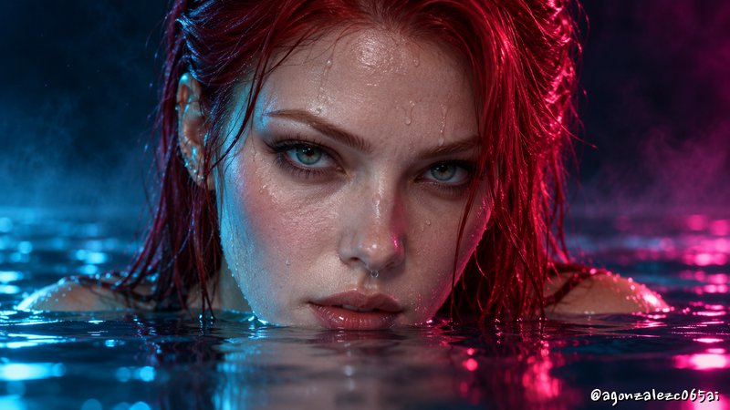 Close-up portrait of a red-haired woman partially submerged in water, lit by contrasting blue and...