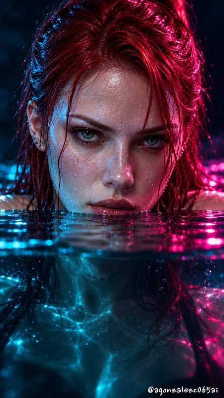 Close-up portrait of a woman with wet red hair emerging from water, lit by dual blue and pink neo...