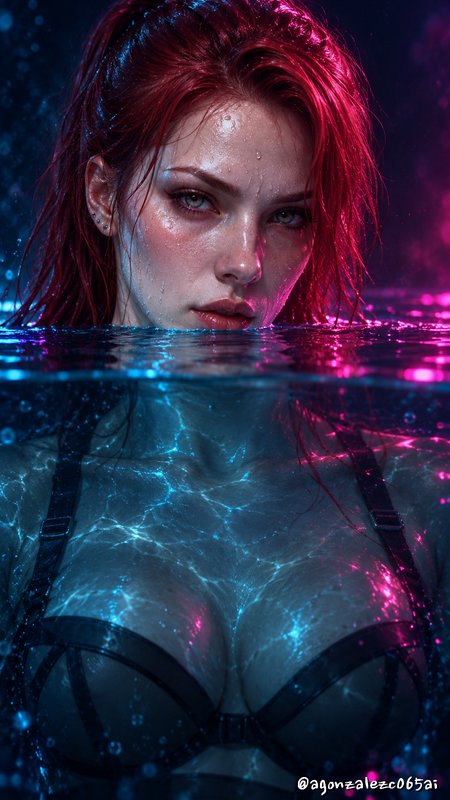 Close-up of wet red-haired woman partially submerged in neon-lit water, gazing directly at the vi...