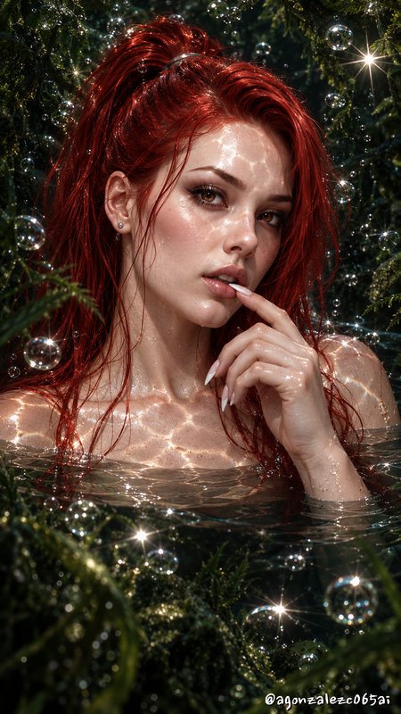 Close-up portrait of a red-haired woman partially submerged in sparkling sunlit water, framed by ...