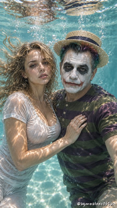 Underwater portrait of a couple, man in Joker cosplay makeup, floating together in clear turquois...