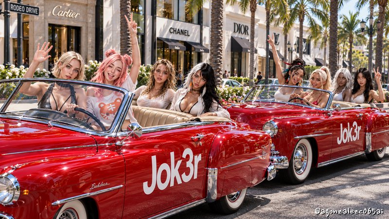 Group of stylish women waving from matching red vintage Jok3r convertibles on Rodeo Drive, Beverl...