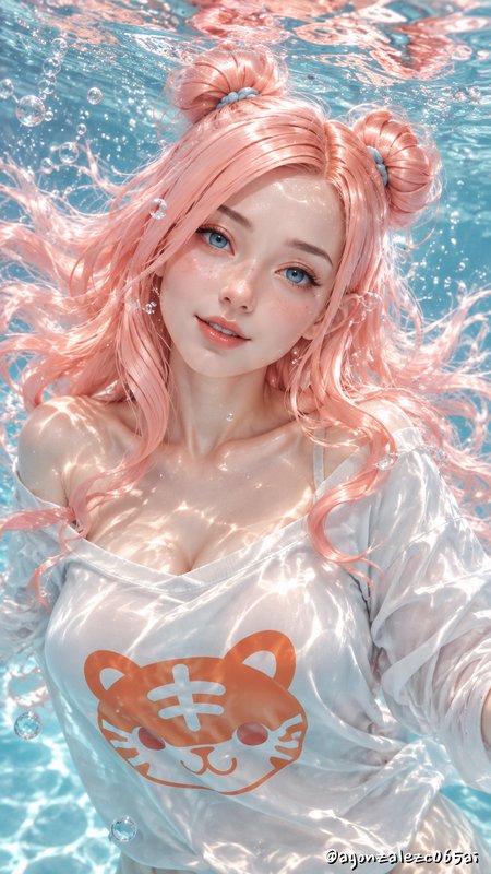 Young woman with pastel pink double bun hair floats peacefully underwater in sunlit turquoise wat...
