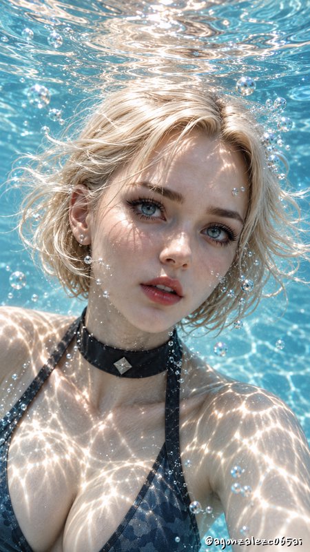 Close-up underwater portrait of a young blonde woman floating in clear turquoise pool water surro...