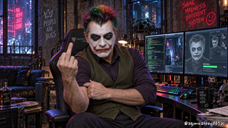 Joker character with clown makeup sits at a developer gaming desk flipping off the camera in a ne...
