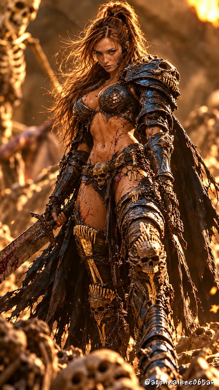 Fierce female fantasy warrior in skull-embellished armor holds a bloodied sword atop a field of battlefield skulls