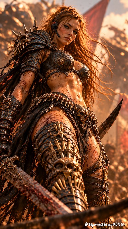 Fierce redhead barbarian warrior in spiked skull armor holds a bloodied sword on a sunlit battlef...