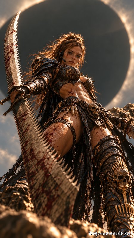Fierce armored female barbarian holds bloodied serrated swords beneath a dark eclipsed celestial orb