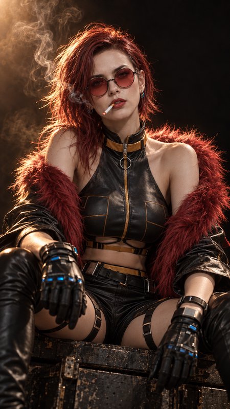 Cyberpunk woman with short red hair and mechanical gloves smokes while seated on a weathered crate