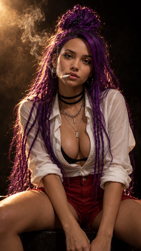 Woman with long purple braided hair smoking a cigarette in a moody dark studio portrait