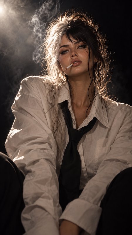 Woman with two-tone messy hair sits smoking in an oversized shirt and loose tie under warm dramatic rim lighting
