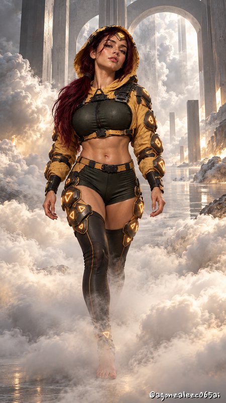 Futuristic female warrior in glowing tactical armor walks through mist above a cloud-top ancient ...