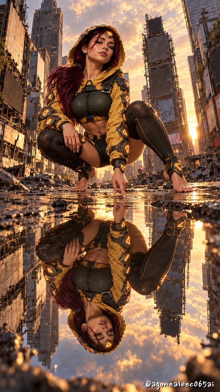 Cyberpunk woman in a glowing yellow tactical suit crouches over a reflective puddle in a ruined c...