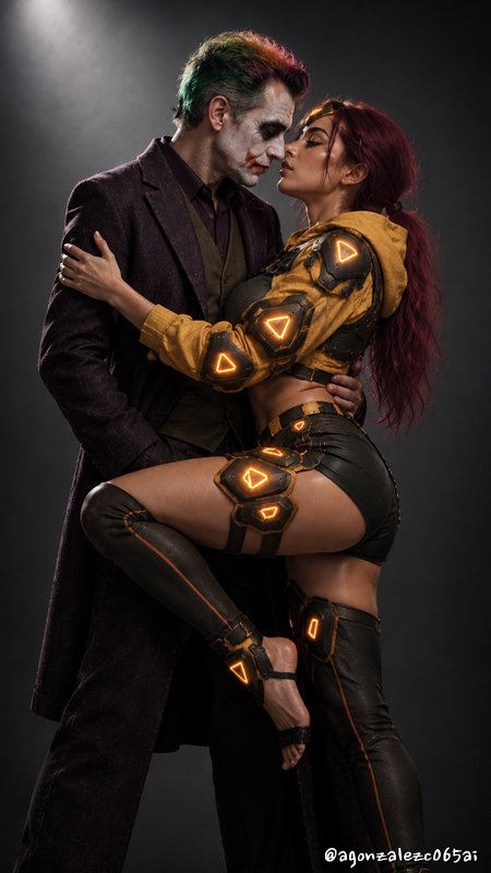 Joker cosplayer embraces futuristic armored Harley Quinn cosplayer in an intimate studio portrait