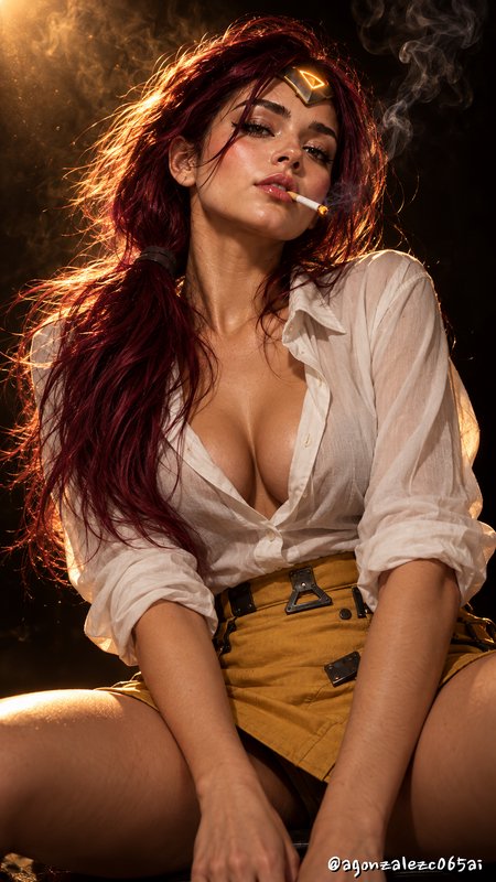 Backlit studio portrait of a cosplayer with long burgundy hair smoking a lit cigarette while wearing a glowing headpiece