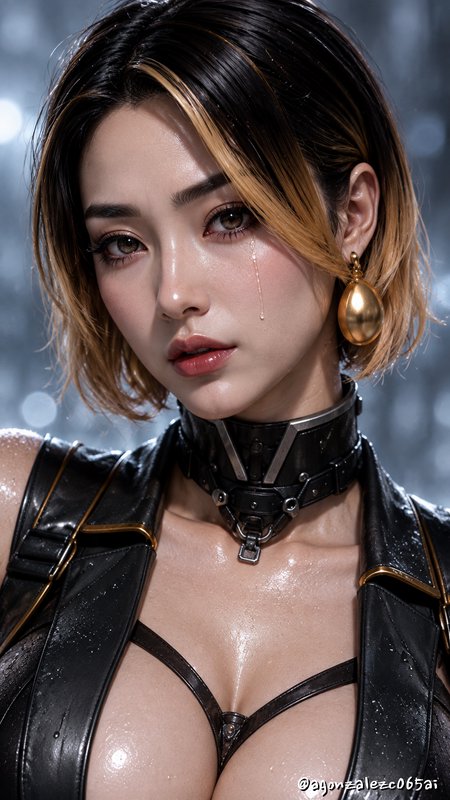 Hyperrealistic cyberpunk woman with gradient ombre hair sheds a tear, wearing a mechanical choker and leather attire