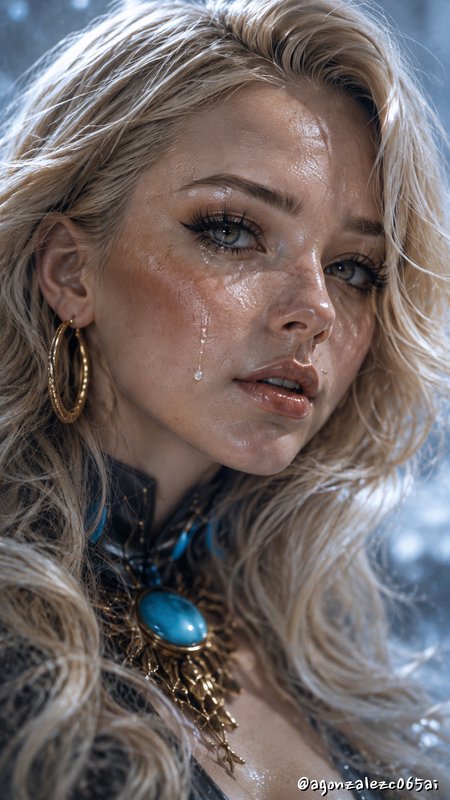 Close-up portrait of a tearful blonde fantasy woman with glistening wet skin and an ornate turquoise pendant