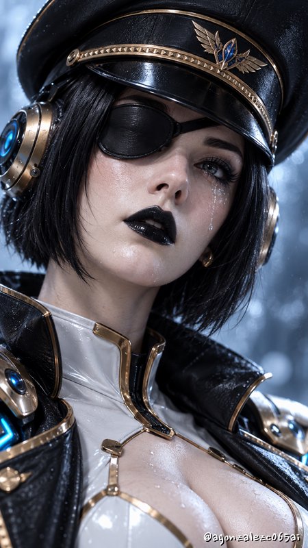 Close up portrait of a futuristic female military cosplayer with eyepatch, captain hat, and tear ...