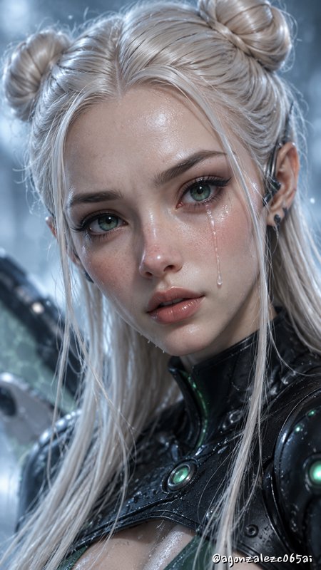 Close-up portrait of a crying platinum blonde elf-style woman with green eyes in futuristic wet armor