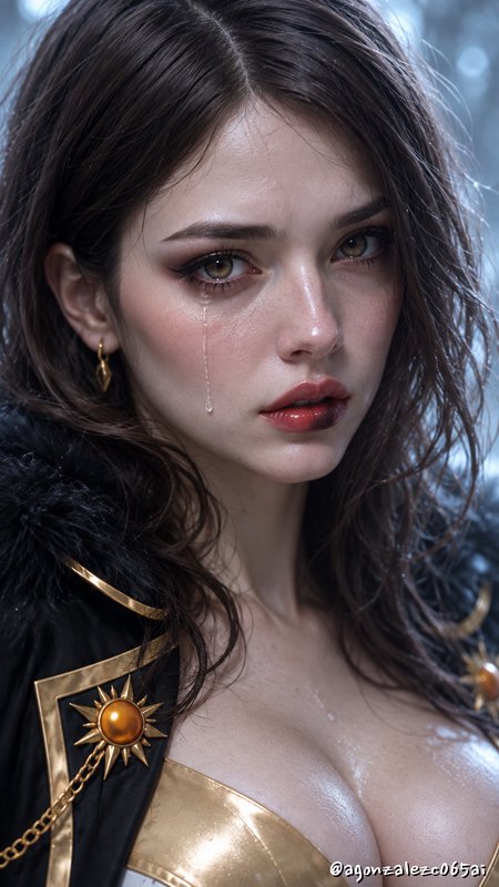 Close-up portrait of a weeping fantasy noble woman with a single tear, dark hair and ornate black...