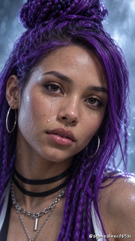 Close-up portrait of a young woman with purple braided hair, a tear rolling down her rain dampened face