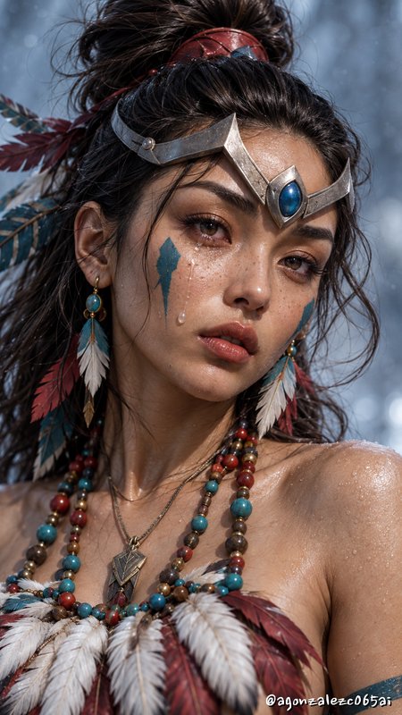Close up portrait of a tribal fantasy warrior woman with feather regalia, face paint, and a tear ...