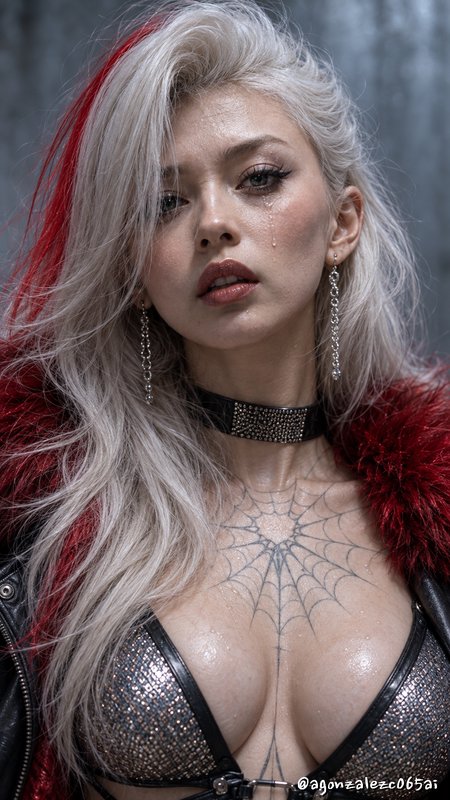Close-up portrait of a platinum blonde woman with red hair streaks, spider web chest tattoo, and ...