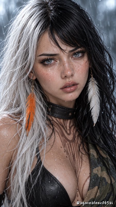 Young woman with split black and silver hair and feather earrings standing in falling rain