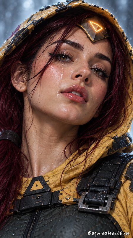 Close-up portrait of a wet cyberpunk female character with red hair wearing a yellow tactical hood in falling rain