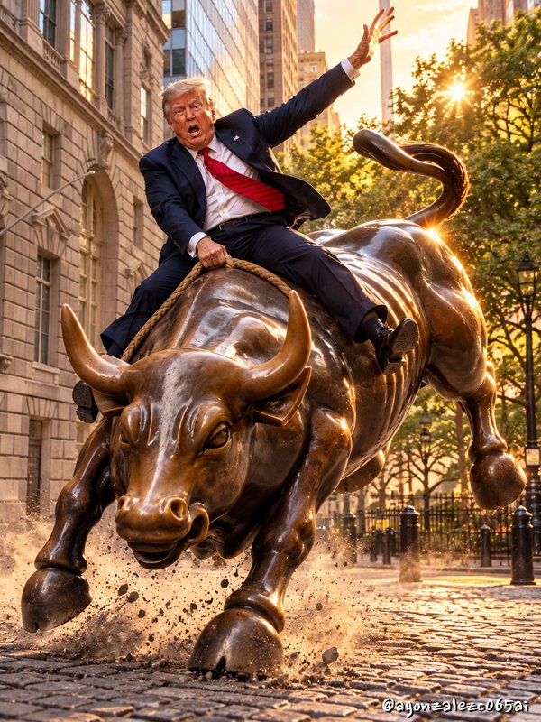 Donald Trump riding the iconic bronze Wall Street Charging Bull statue on a lower Manhattan cobblestone street