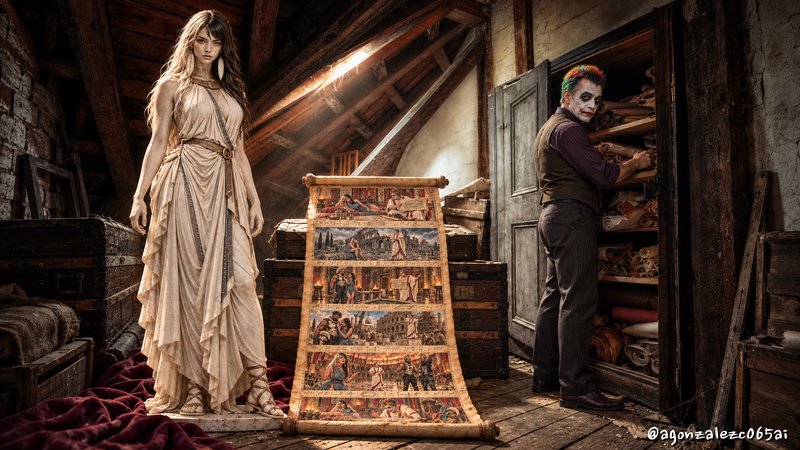 Robed classical figure and Joker stand beside an illustrated scroll in a sunlit cluttered attic