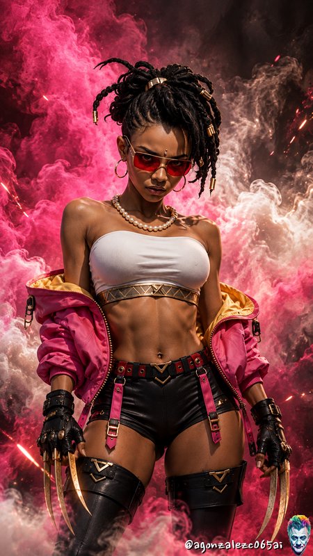 Fierce toned cyberpunk woman with gold claw gauntlets stands against swirling pink smoke