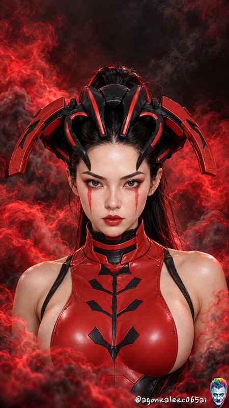 Futuristic female cyber warrior in red armor with mechanical headpiece stands amid swirling crimson smoke