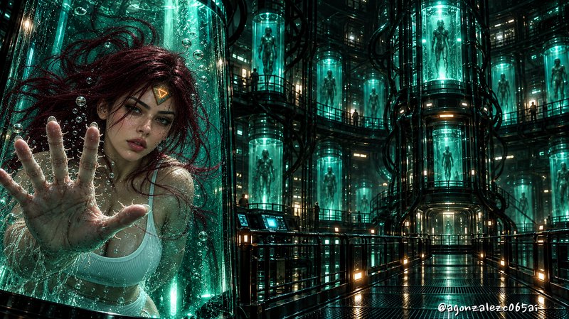Red-haired woman reaches out from a glowing stasis tank inside a futuristic research laboratory