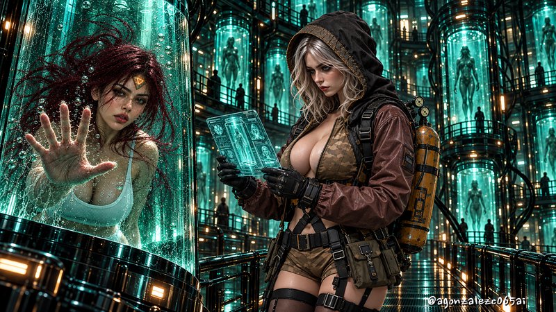 Hooded tactical operative stands beside a glowing stasis tank holding a submerged red-haired test subject in a futuristic lab