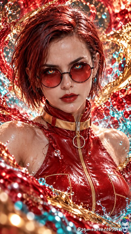 Striking woman with short red hair and red tinted glasses framed by vibrant swirling liquid splashes
