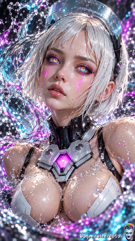 Futuristic cyberpunk cyborg woman surrounded by swirling neon water splashes with glowing purple tear streaks