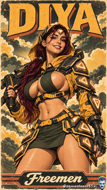 Retro vintage comic poster of sci-fi armored heroine Diya holding a futuristic rifle