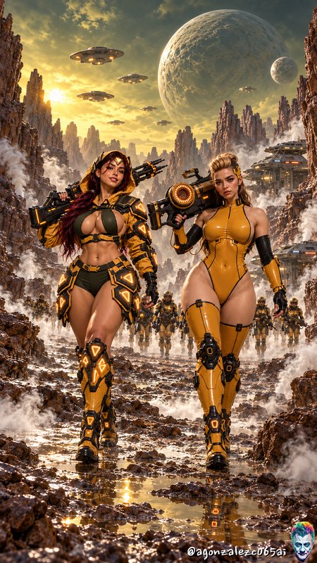 Two female futuristic soldiers in yellow combat gear lead troops across a misty rocky alien planet, UFOs overhead