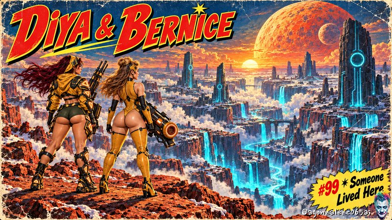 Retro sci-fi comic cover of two armed female warriors overlooking a futuristic alien city at sunset