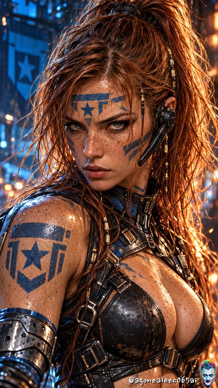 Fierce cyberpunk warrior woman with wet red hair and blue war markings stares intensely from a neon city backdrop