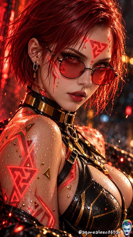 Cyberpunk woman with short red hair, glowing red rune tattoos, and red tinted glasses poses under dramatic neon lighting