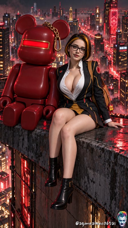 Woman with glasses sits on a skyscraper rooftop ledge next to a red Bearbrick above a neon cyberpunk city at night