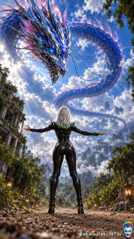 Woman in a glossy black bodysuit stands facing a giant glowing crystalline dragon above a jungle ...
